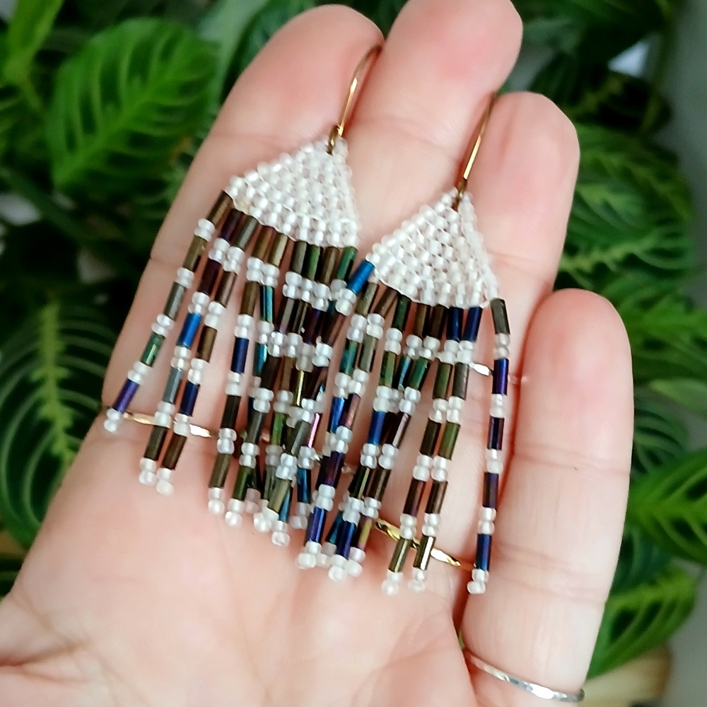 BOGO EARRINGS White and Metallic Beaded Fringe Earrings, 2.5"